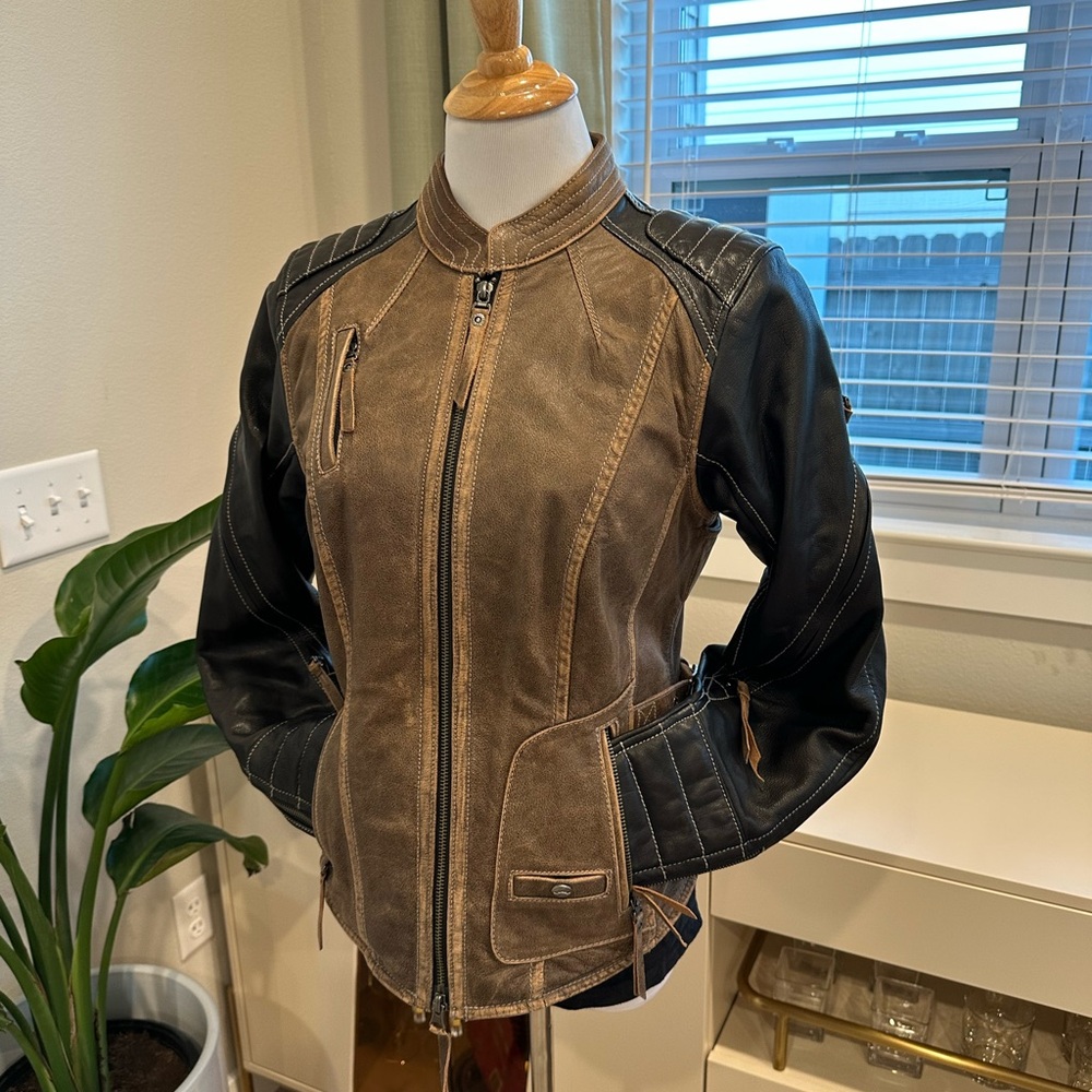 Harley-Davidson women's Capitol distressed leather jacket in brown and black